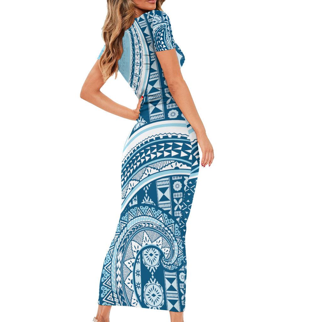 Bula Fiji Vintage Tapa Family Matching Short Sleeve Bodycon Dress and Hawaiian Shirt Kaivity Masi Wave Motifs - Turquoise LT7 - Polynesian Pride