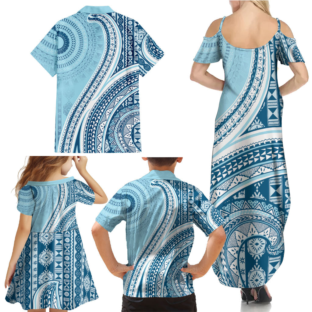 Bula Fiji Vintage Tapa Family Matching Summer Maxi Dress and Hawaiian Shirt Kaivity Masi Wave Motifs - Turquoise LT7 - Polynesian Pride