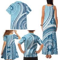 Bula Fiji Vintage Tapa Family Matching Tank Maxi Dress and Hawaiian Shirt Kaivity Masi Wave Motifs - Turquoise LT7 - Polynesian Pride