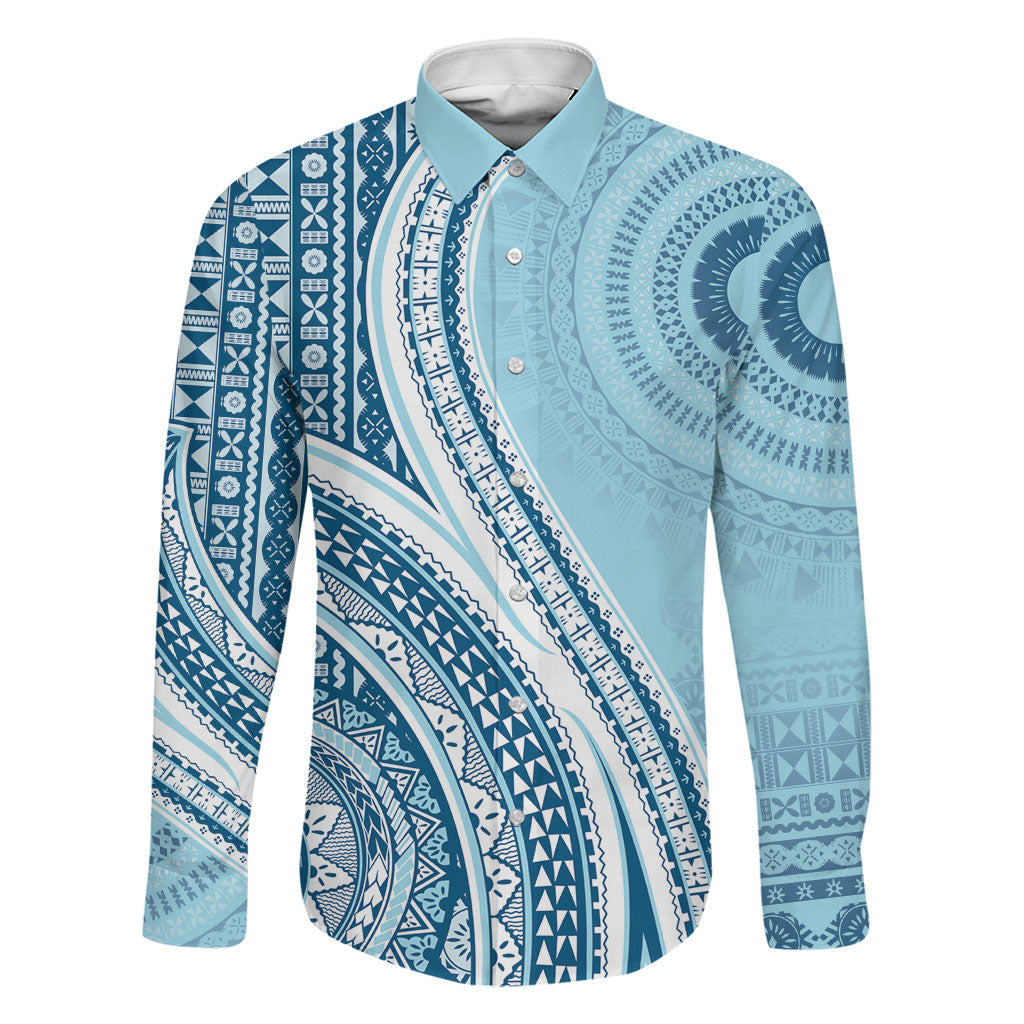 Bula Fiji Vintage Tapa Family Matching Tank Maxi Dress and Hawaiian Shirt Kaivity Masi Wave Motifs - Turquoise LT7 Dad's Shirt - Long Sleeve Turquoise - Polynesian Pride