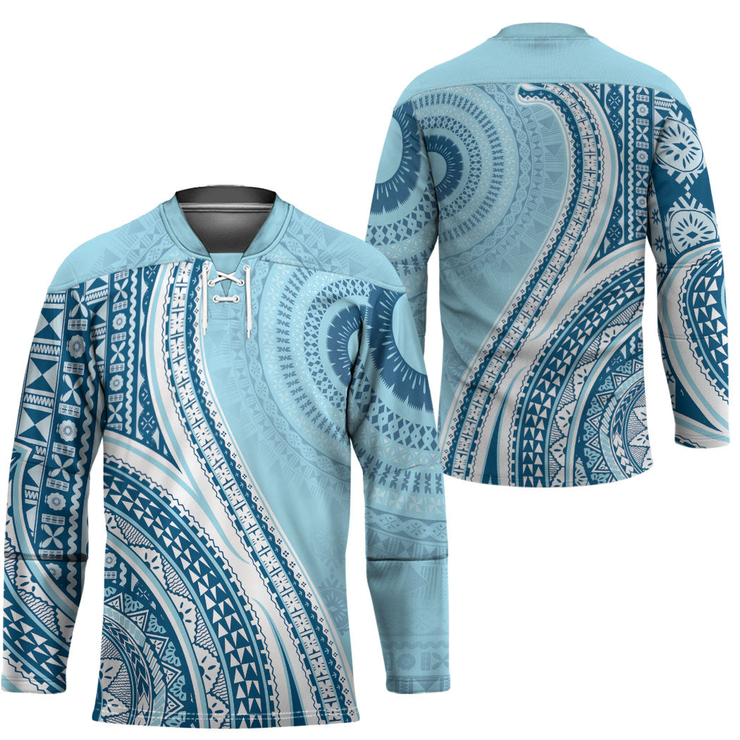 Bula Fiji Vintage Tapa Hockey Jersey Kaivity Masi Wave Motifs - Turquoise