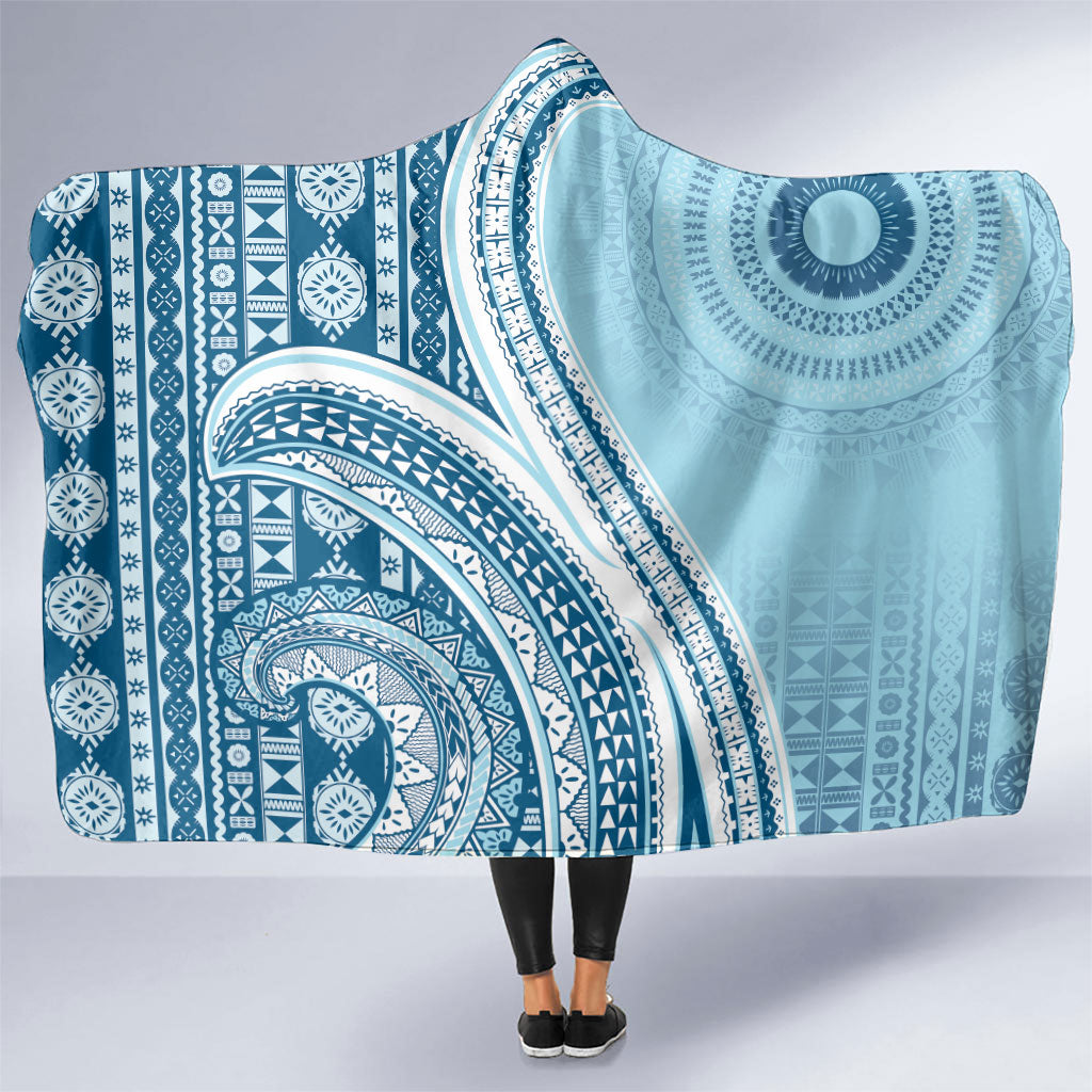 Bula Fiji Vintage Tapa Hooded Blanket Kaivity Masi Wave Motifs - Turquoise