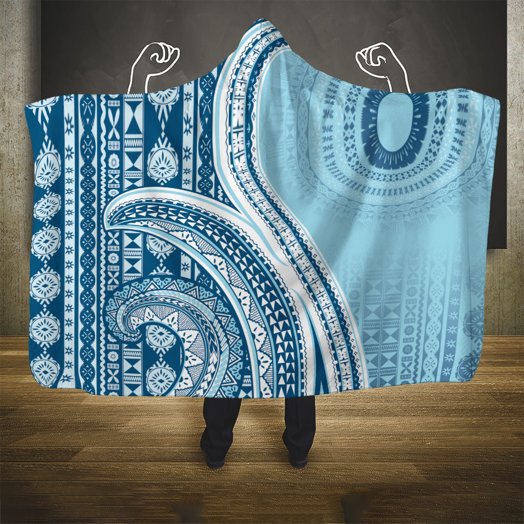 Bula Fiji Vintage Tapa Hooded Blanket Kaivity Masi Wave Motifs - Turquoise