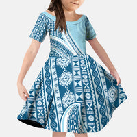 Bula Fiji Vintage Tapa Kid Short Sleeve Dress Kaivity Masi Wave Motifs - Turquoise