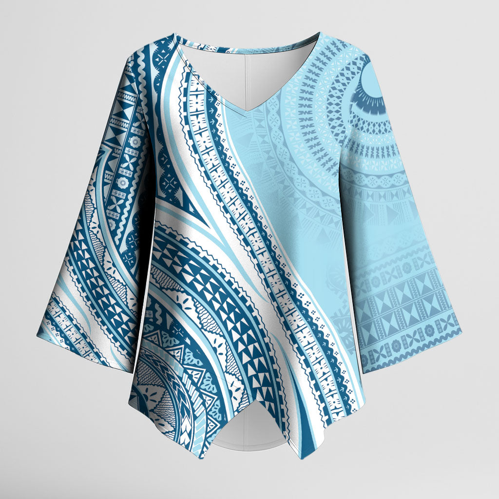 Bula Fiji Vintage Tapa Kimono Sleeve Blouse Kaivity Masi Wave Motifs - Turquoise