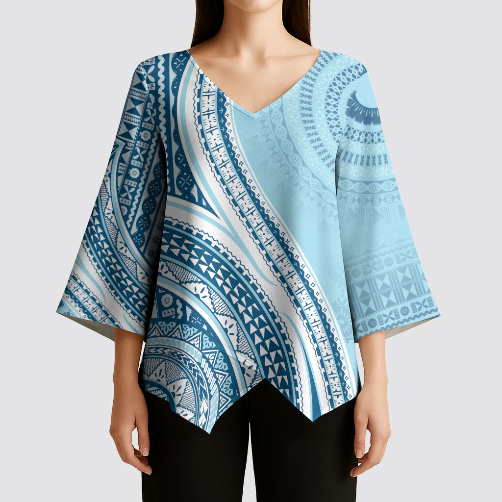 Bula Fiji Vintage Tapa Kimono Sleeve Blouse Kaivity Masi Wave Motifs - Turquoise
