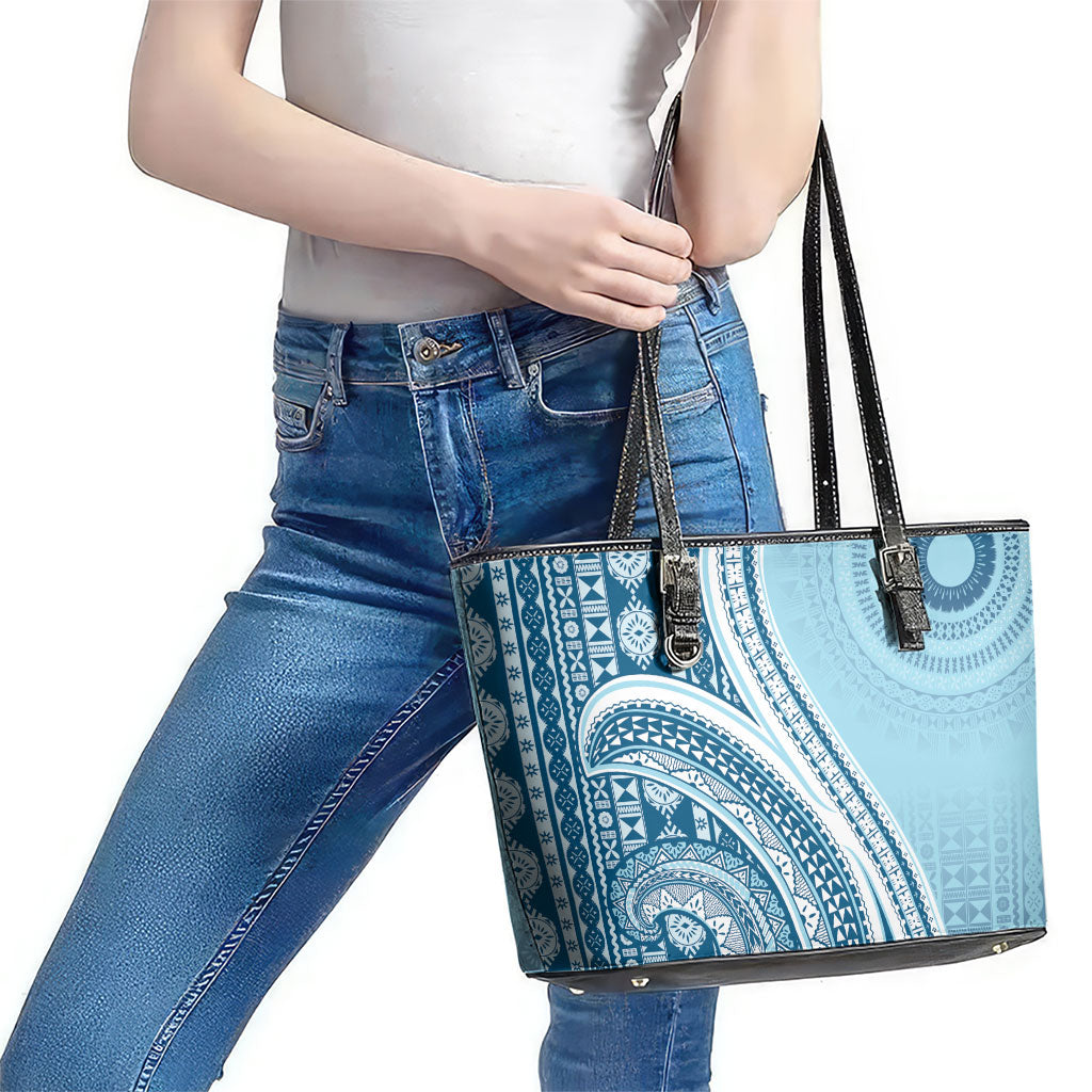 Bula Fiji Vintage Tapa Leather Tote Bag Kaivity Masi Wave Motifs - Turquoise