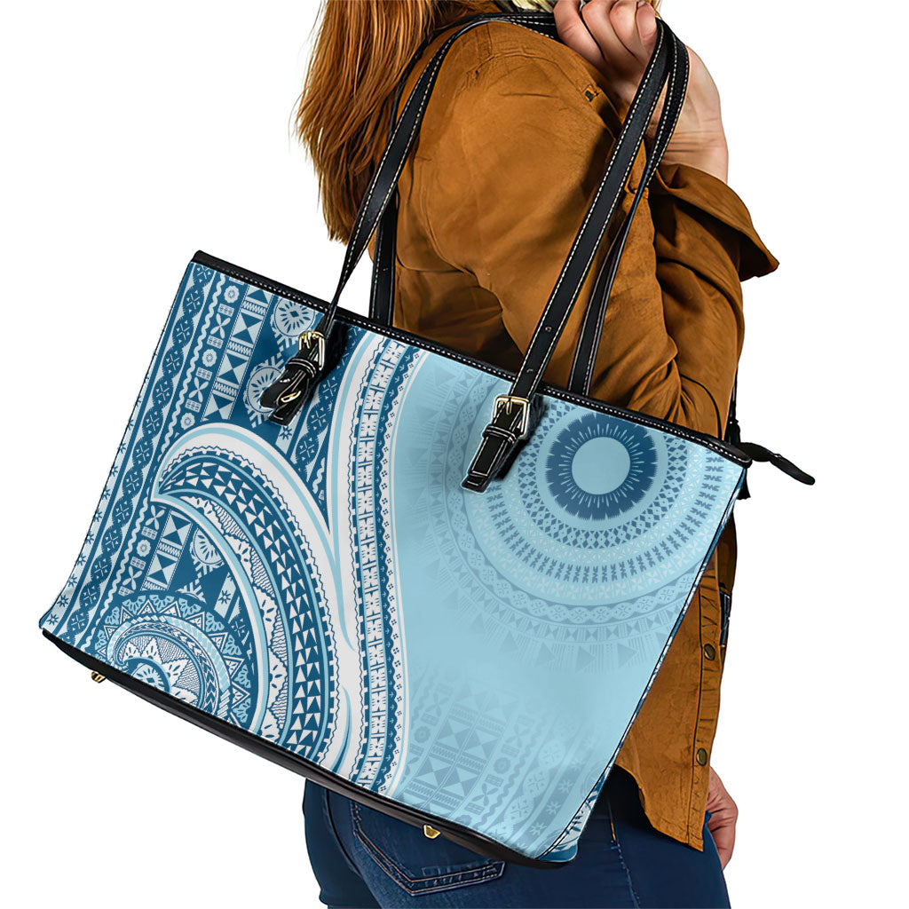 Bula Fiji Vintage Tapa Leather Tote Bag Kaivity Masi Wave Motifs - Turquoise
