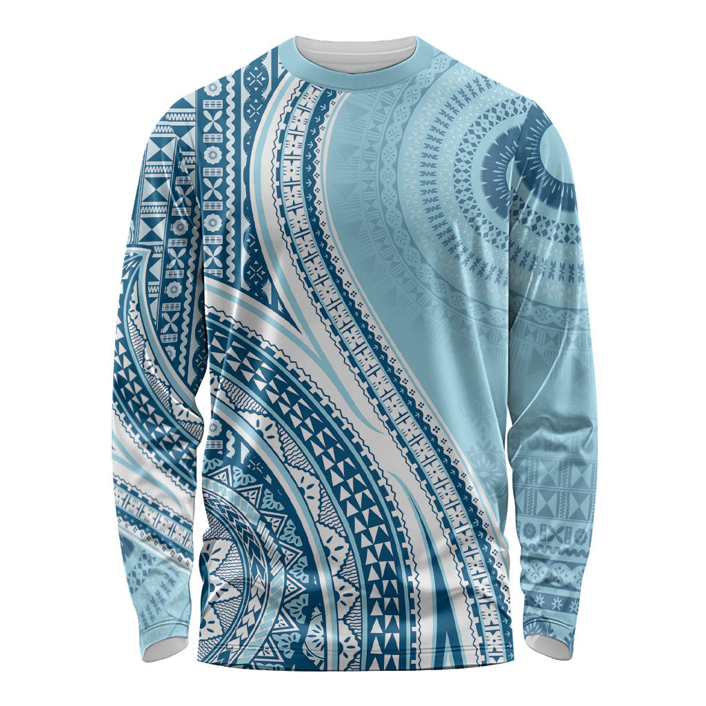 Bula Fiji Vintage Tapa Long Sleeve Shirt Kaivity Masi Wave Motifs - Turquoise