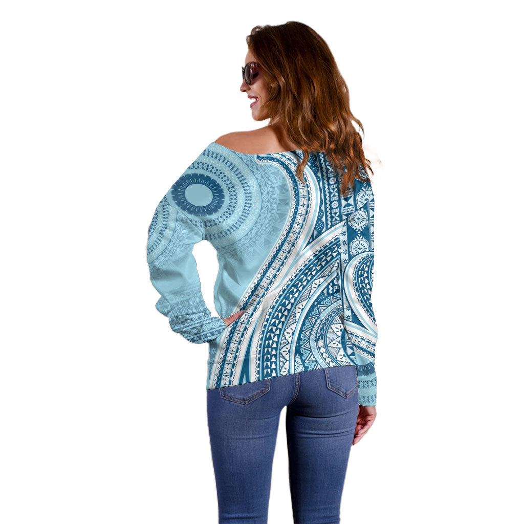 Bula Fiji Vintage Tapa Off Shoulder Sweater Kaivity Masi Wave Motifs - Turquoise