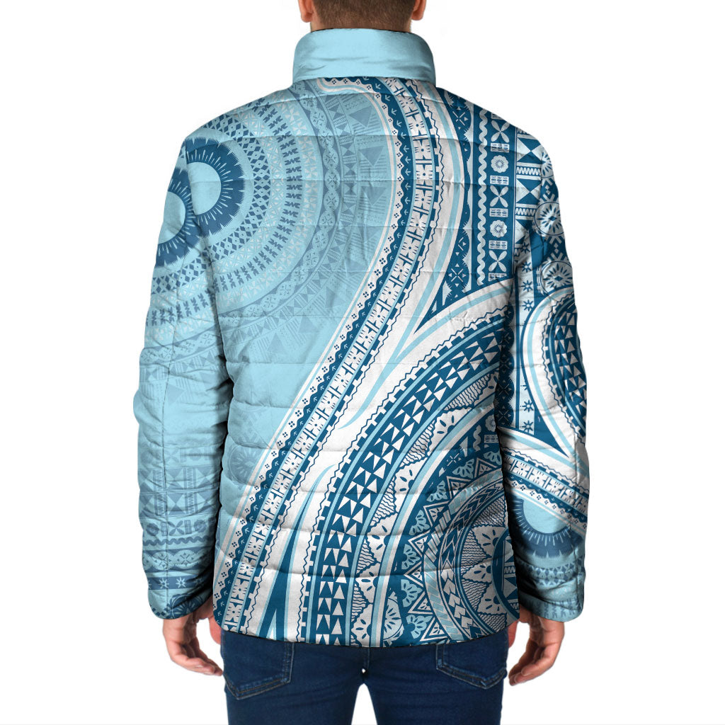 Bula Fiji Vintage Tapa Padded Jacket Kaivity Masi Wave Motifs - Turquoise