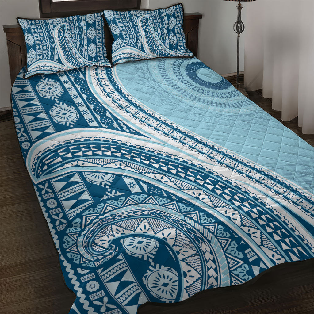Bula Fiji Vintage Tapa Quilt Bed Set Kaivity Masi Wave Motifs - Turquoise