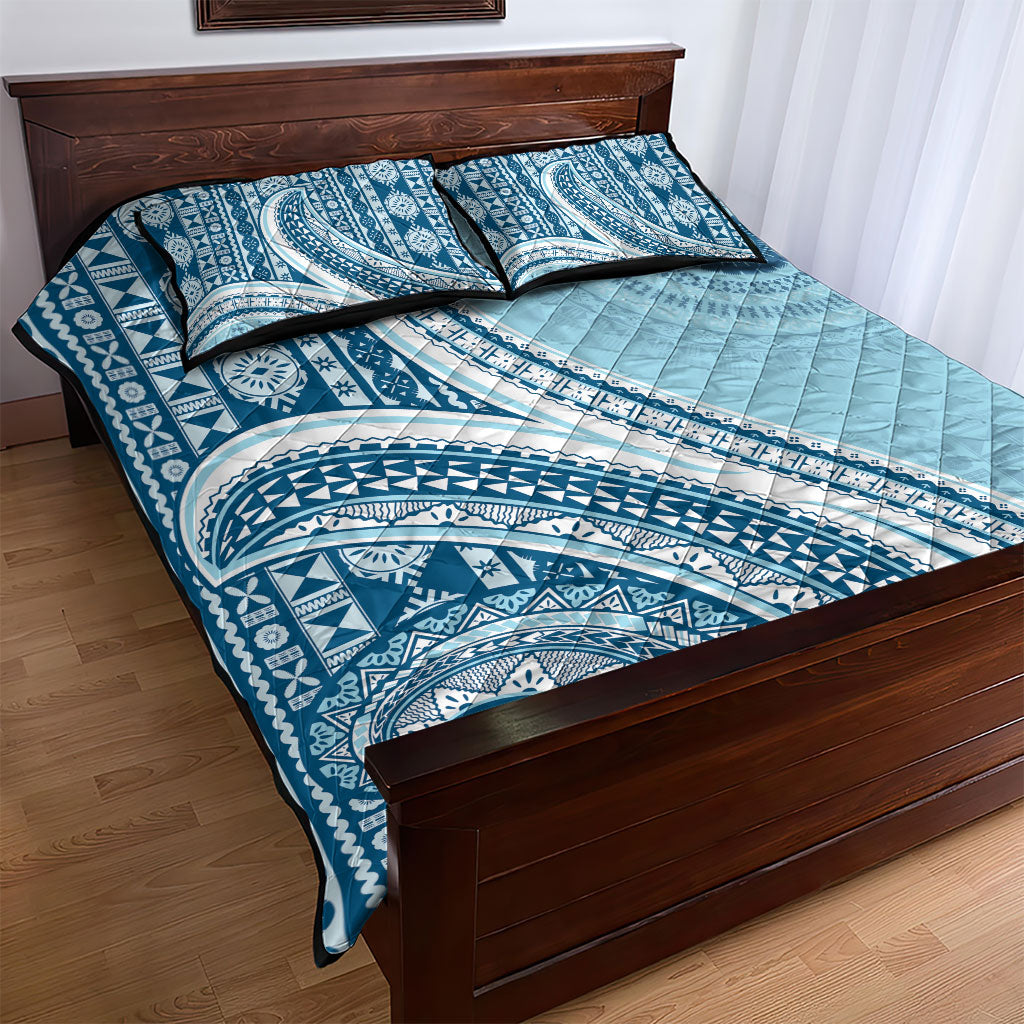Bula Fiji Vintage Tapa Quilt Bed Set Kaivity Masi Wave Motifs - Turquoise