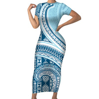Bula Fiji Vintage Tapa Short Sleeve Bodycon Dress Kaivity Masi Wave Motifs - Turquoise