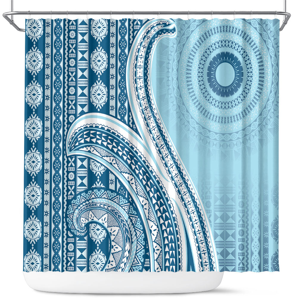Bula Fiji Vintage Tapa Shower Curtain Kaivity Masi Wave Motifs - Turquoise