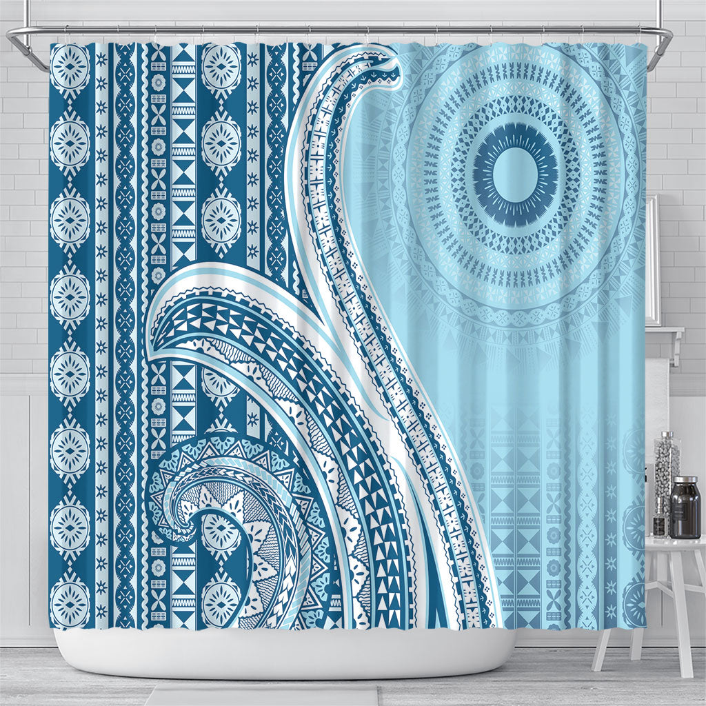Bula Fiji Vintage Tapa Shower Curtain Kaivity Masi Wave Motifs - Turquoise