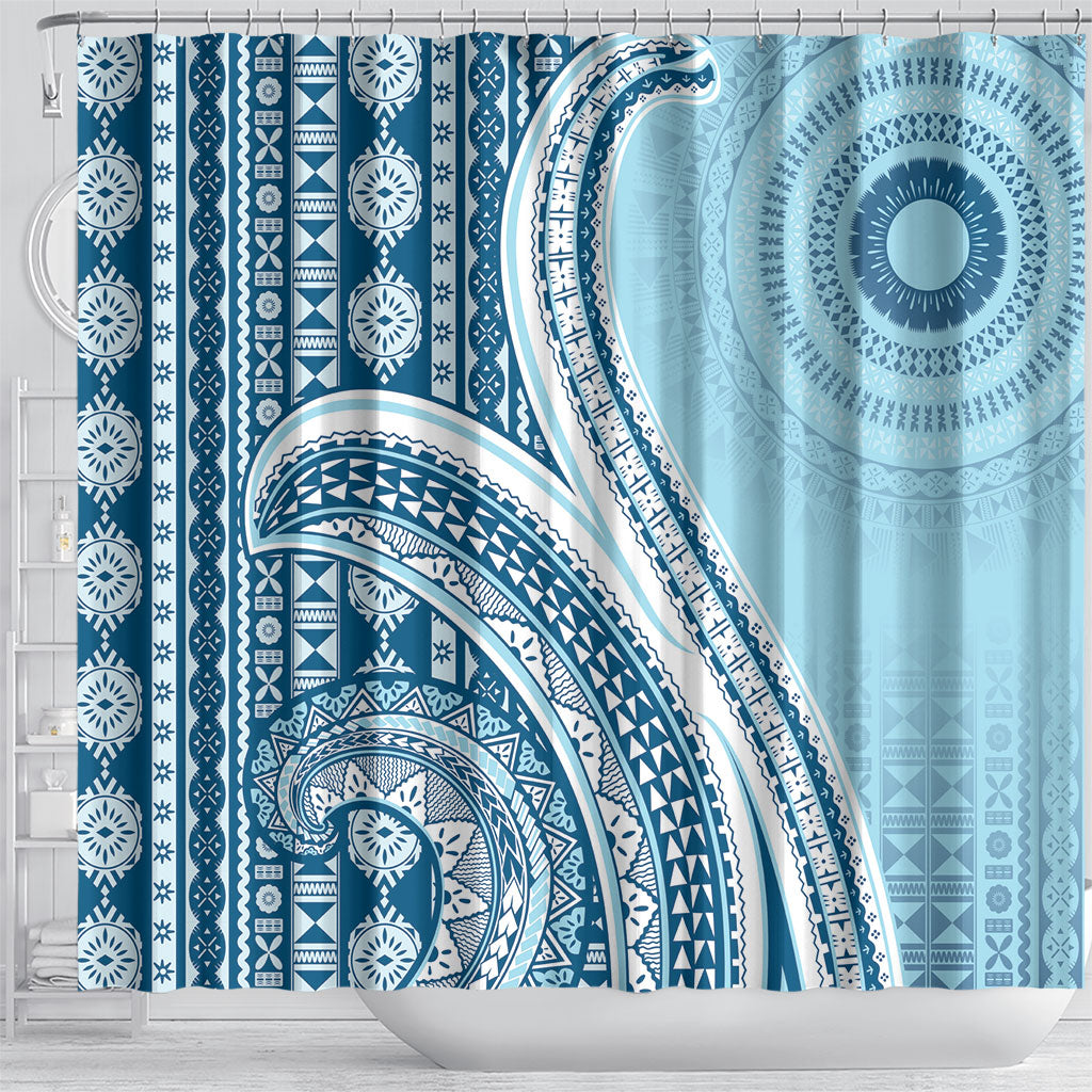 Bula Fiji Vintage Tapa Shower Curtain Kaivity Masi Wave Motifs - Turquoise