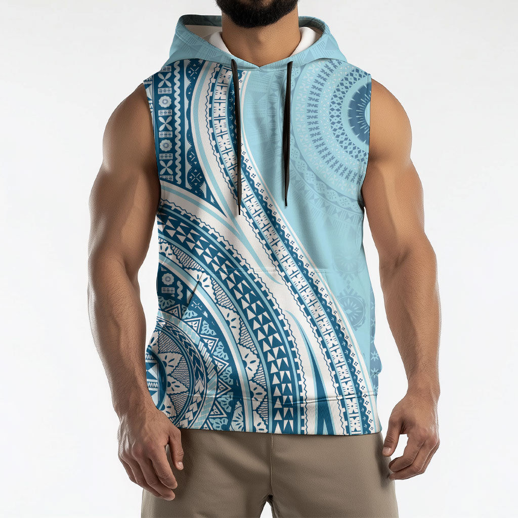 Bula Fiji Vintage Tapa Sleeveless Hoodie Kaivity Masi Wave Motifs - Turquoise