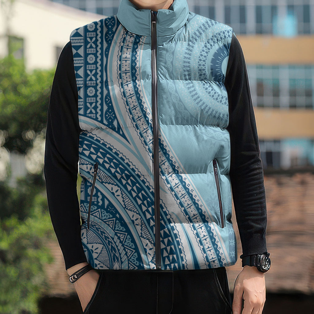 Bula Fiji Vintage Tapa Sleeveless Puffer Jacket Kaivity Masi Wave Motifs - Turquoise