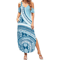 Bula Fiji Vintage Tapa Summer Maxi Dress Kaivity Masi Wave Motifs - Turquoise