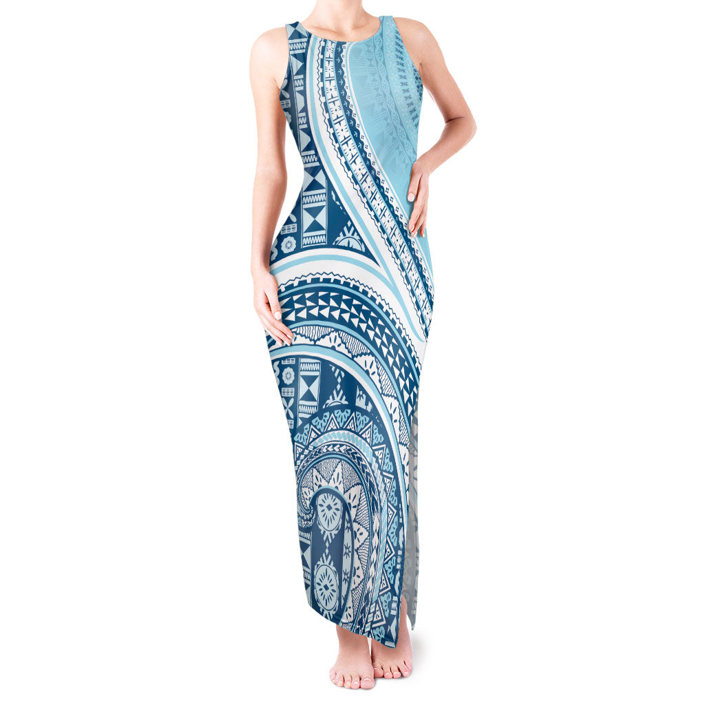 Bula Fiji Vintage Tapa Tank Maxi Dress Kaivity Masi Wave Motifs - Turquoise