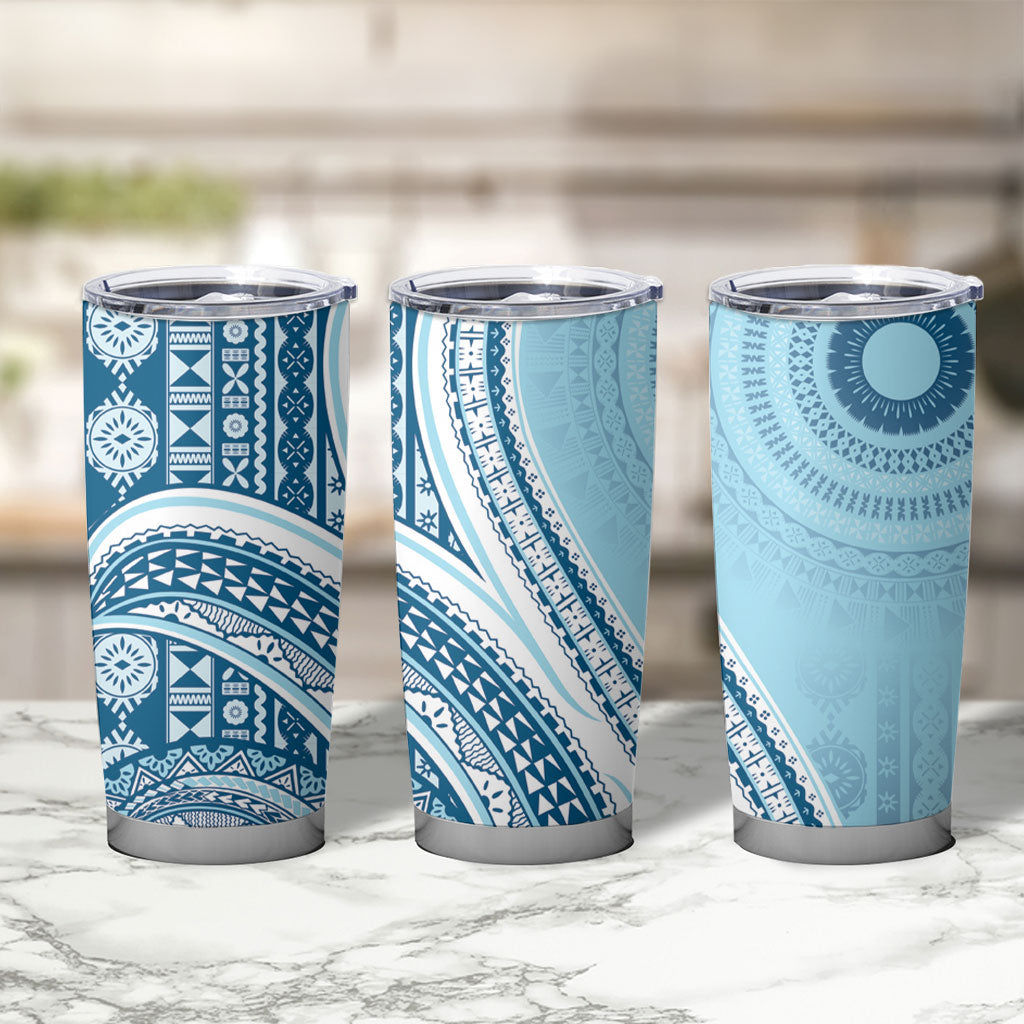 Bula Fiji Vintage Tapa Tumbler Cup Kaivity Masi Wave Motifs - Turquoise