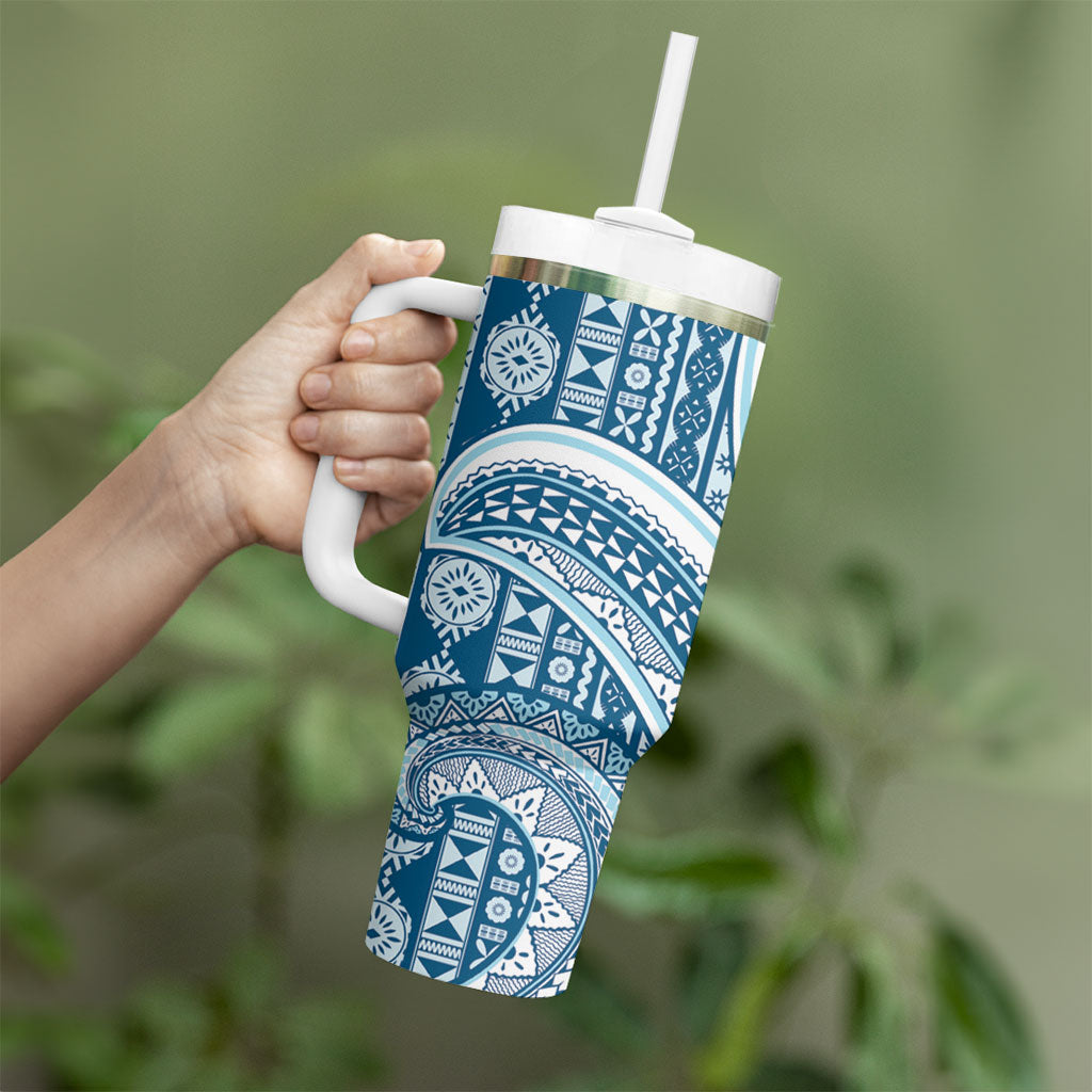 Bula Fiji Vintage Tapa Tumbler With Handle Kaivity Masi Wave Motifs - Turquoise