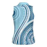 Bula Fiji Vintage Tapa Women Sleeveless Polo Shirt Kaivity Masi Wave Motifs - Turquoise LT7 - Polynesian Pride