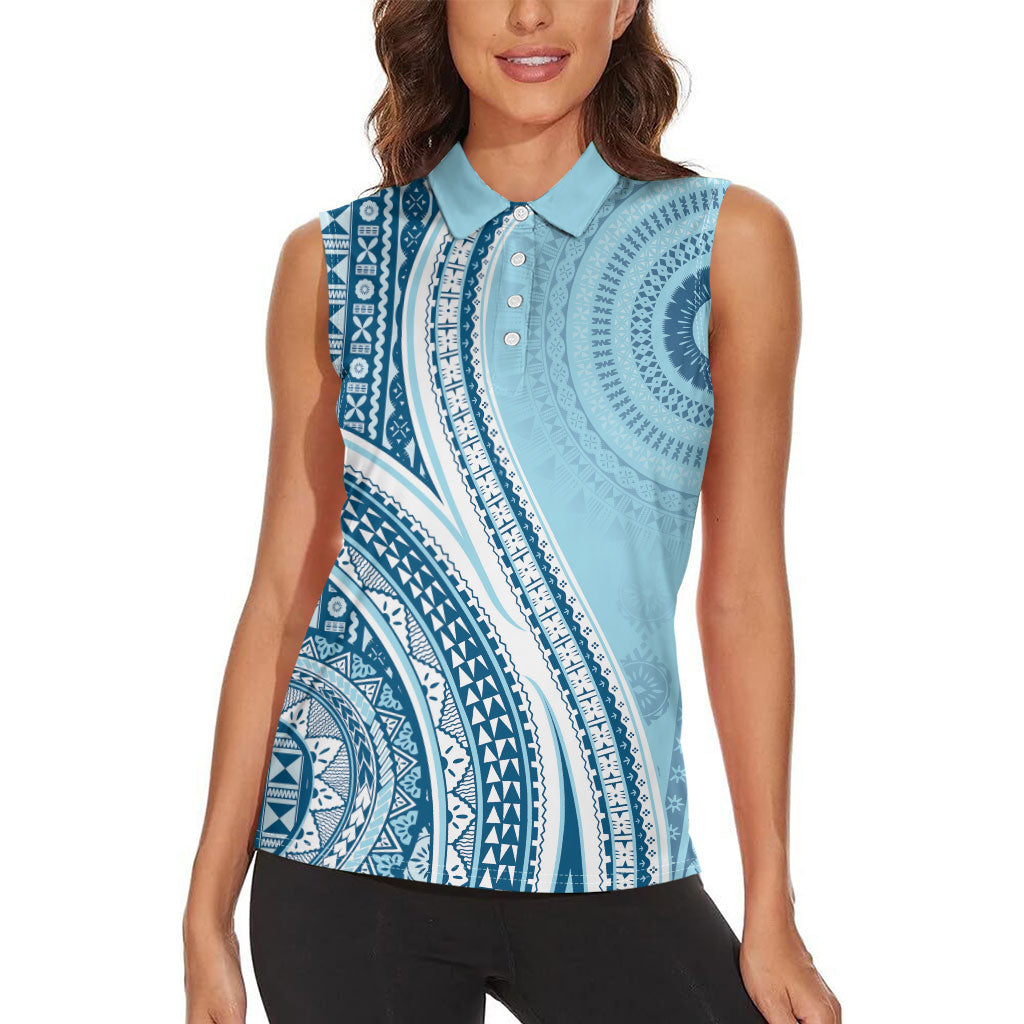 Bula Fiji Vintage Tapa Women Sleeveless Polo Shirt Kaivity Masi Wave Motifs - Turquoise LT7 - Polynesian Pride