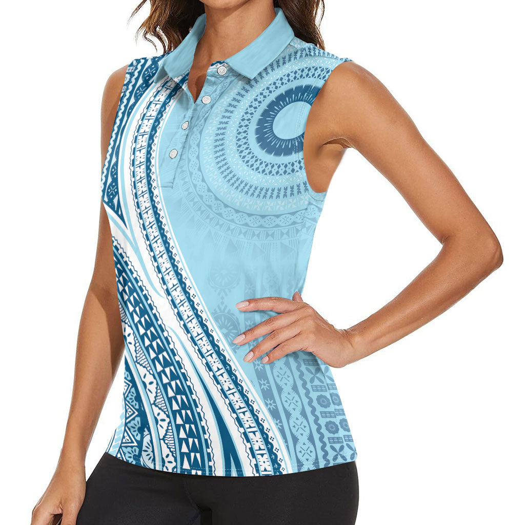 Bula Fiji Vintage Tapa Women Sleeveless Polo Shirt Kaivity Masi Wave Motifs - Turquoise LT7 - Polynesian Pride