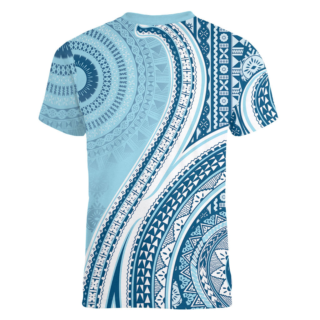 Bula Fiji Vintage Tapa Women V-Neck T-Shirt Kaivity Masi Wave Motifs - Turquoise