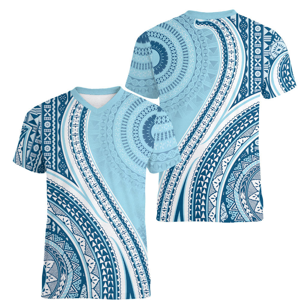 Bula Fiji Vintage Tapa Women V-Neck T-Shirt Kaivity Masi Wave Motifs - Turquoise