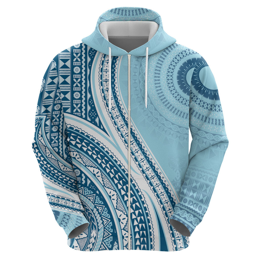 Bula Fiji Vintage Tapa Zip Hoodie Kaivity Masi Wave Motifs - Turquoise