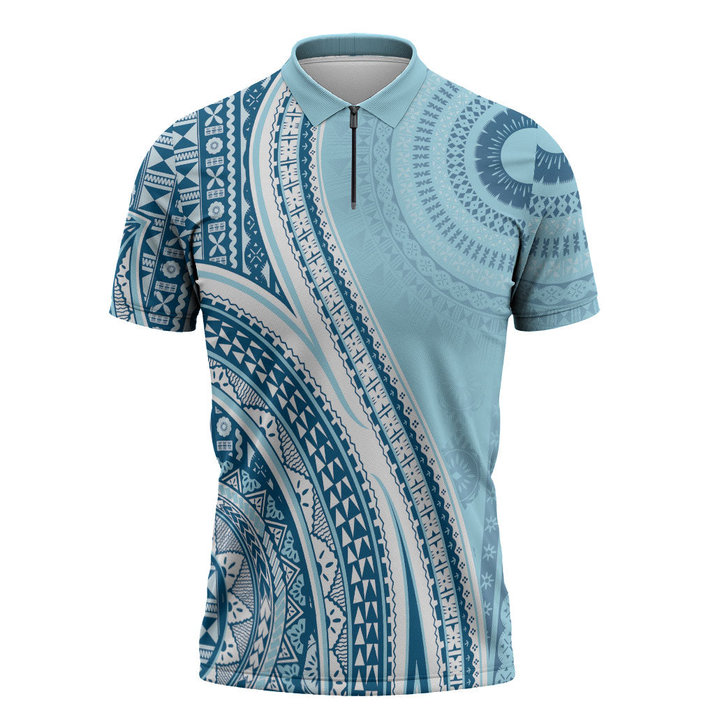 Bula Fiji Vintage Tapa Zipper Polo Shirt Kaivity Masi Wave Motifs - Turquoise