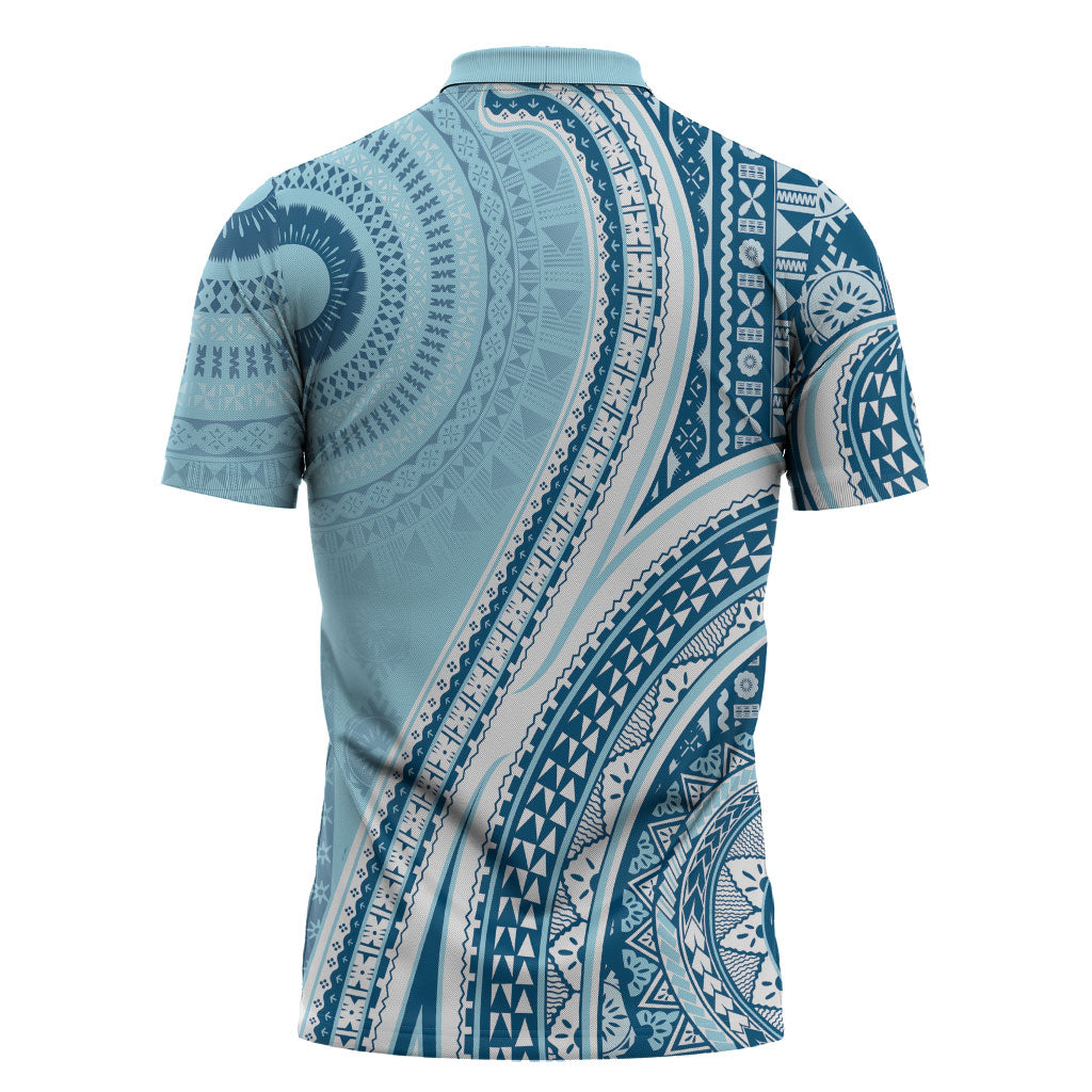 Bula Fiji Vintage Tapa Zipper Polo Shirt Kaivity Masi Wave Motifs - Turquoise