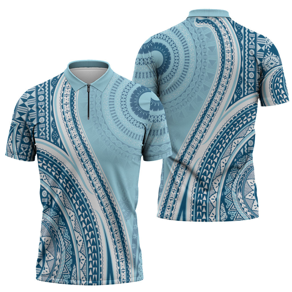 Bula Fiji Vintage Tapa Zipper Polo Shirt Kaivity Masi Wave Motifs - Turquoise
