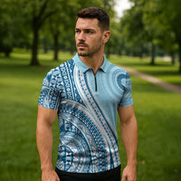 Bula Fiji Vintage Tapa Zipper Polo Shirt Kaivity Masi Wave Motifs - Turquoise
