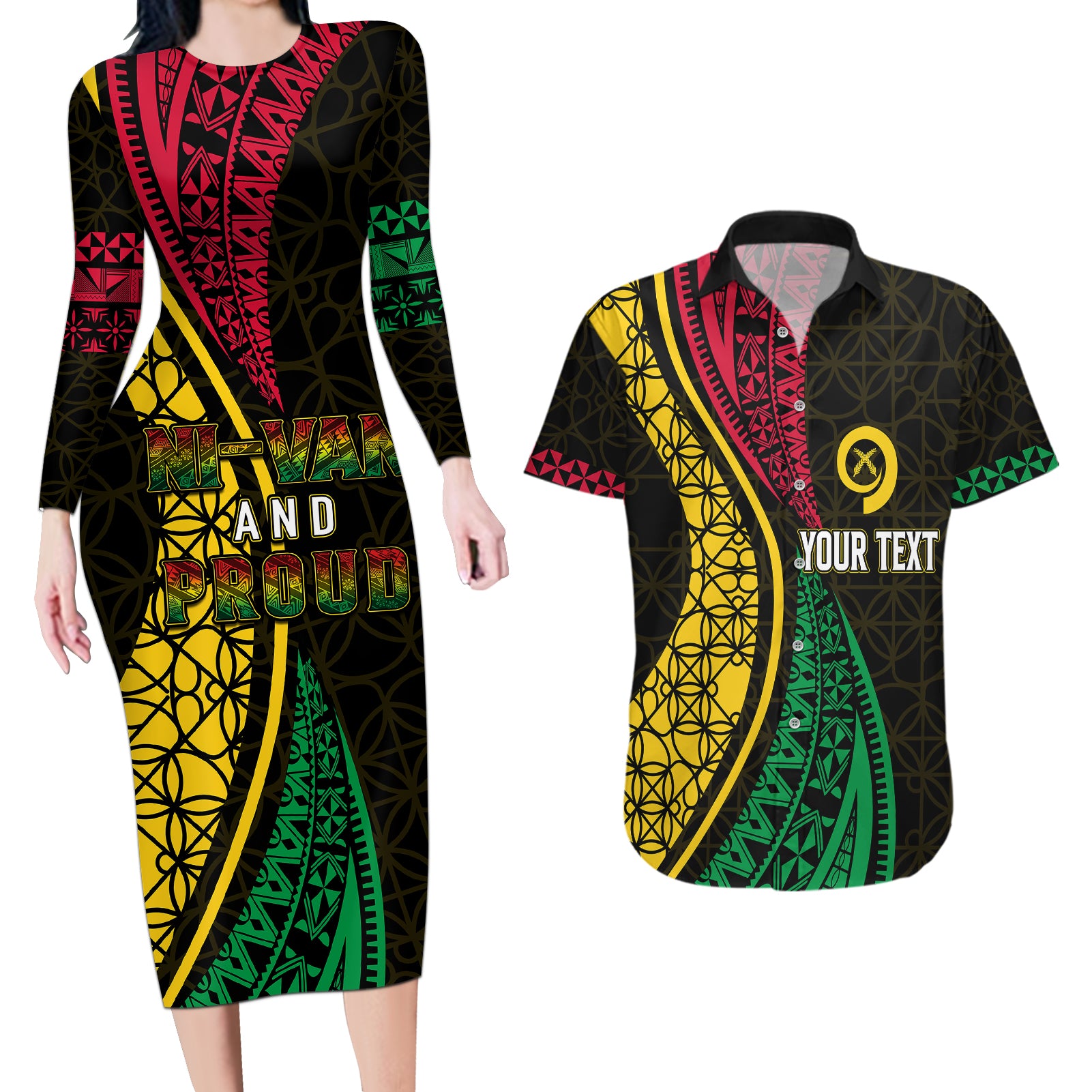 Personalised Vanuatu Couples Matching Long Sleeve Bodycon Dress and Hawaiian Shirt Melanesian Sand Drawing Mixed - Ni Van and Proud LT7 Black - Polynesian Pride