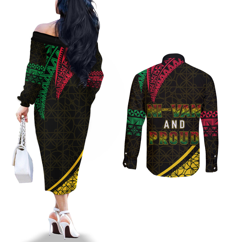 Personalised Vanuatu Couples Matching Off The Shoulder Long Sleeve Dress and Long Sleeve Button Shirts Melanesian Sand Drawing Mixed - Ni Van and Proud LT7 - Polynesian Pride