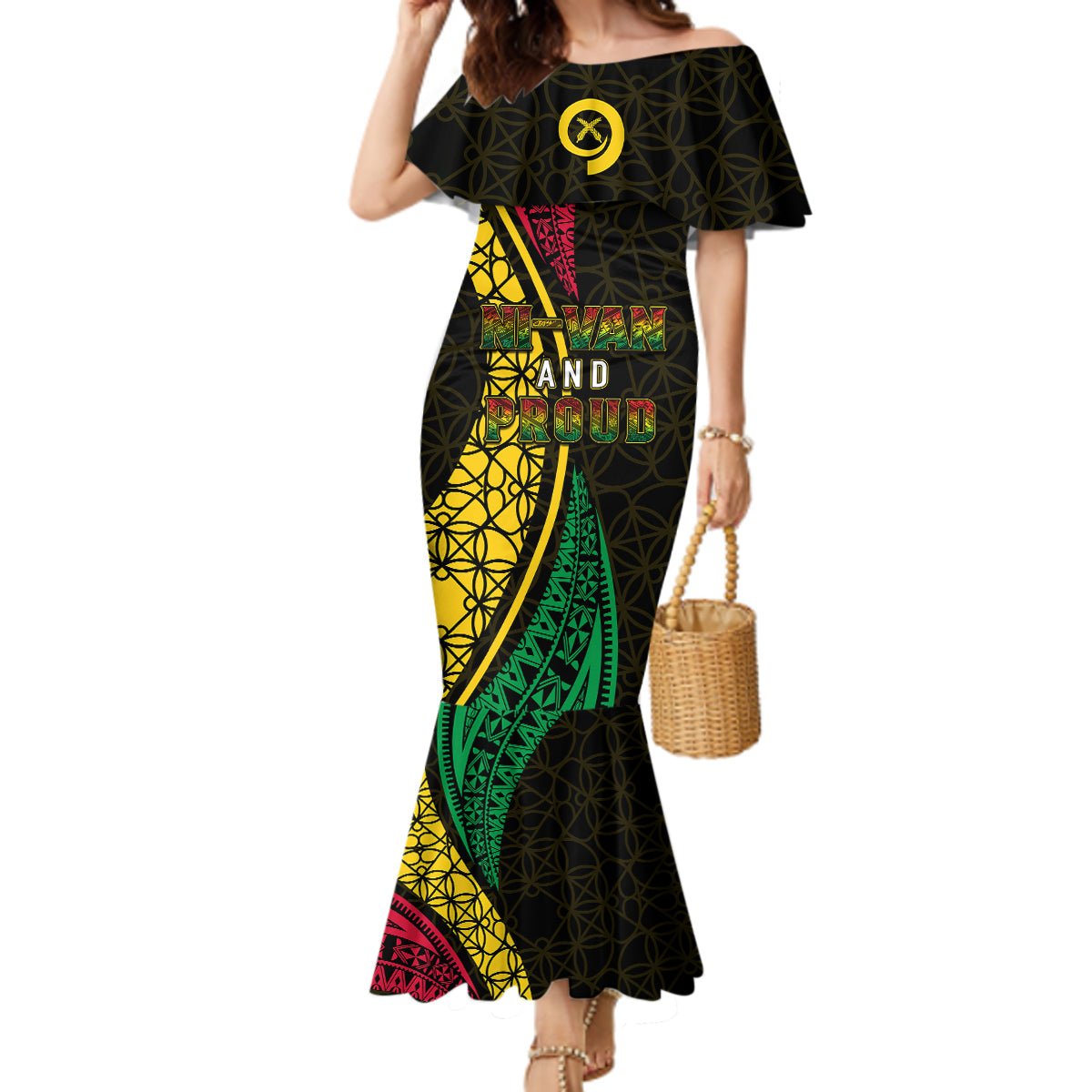 Personalised Vanuatu Mermaid Dress Melanesian Sand Drawing Mixed - Ni Van and Proud LT7 Women Black - Polynesian Pride