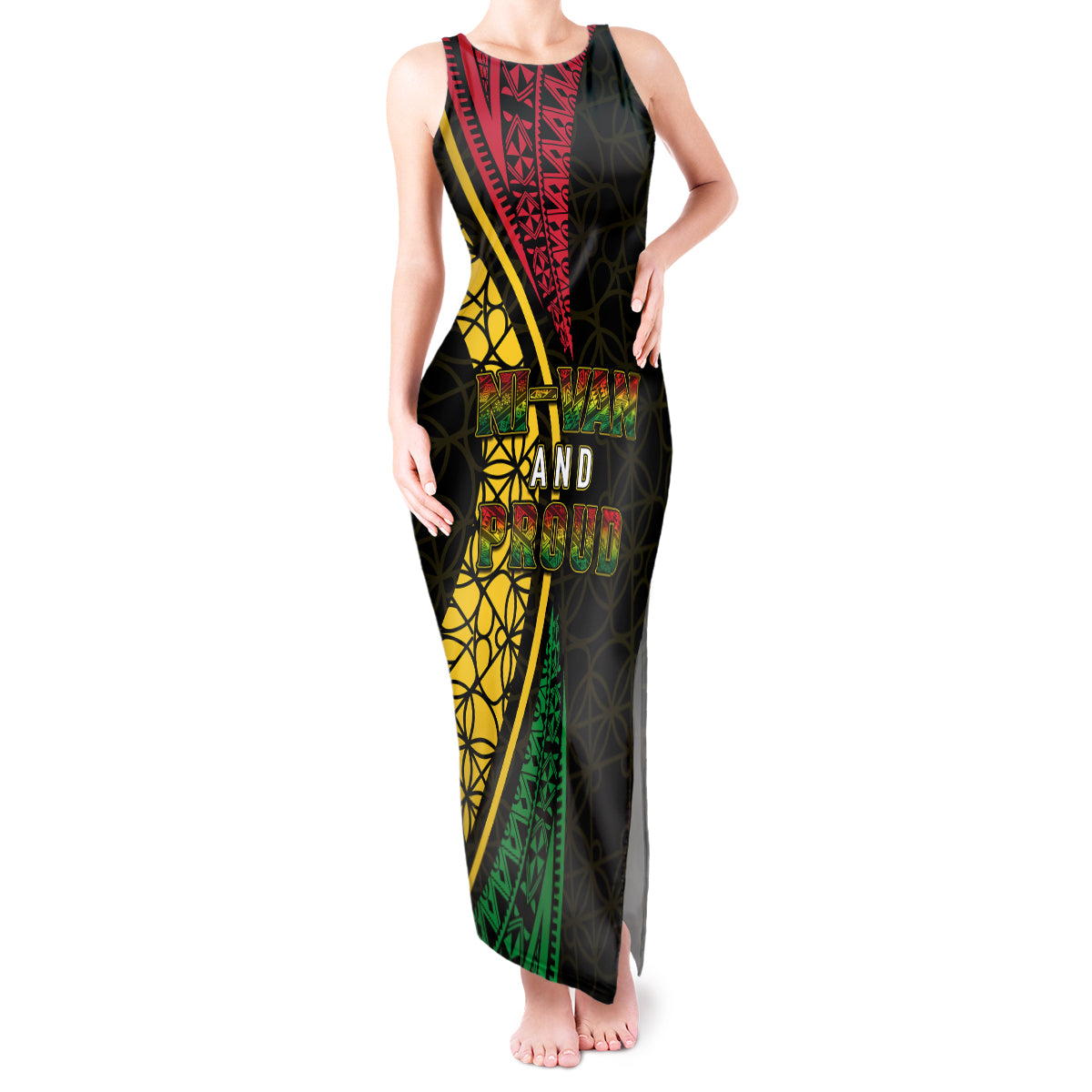 Personalised Vanuatu Tank Maxi Dress Melanesian Sand Drawing Mixed - Ni Van and Proud LT7 Women Black - Polynesian Pride