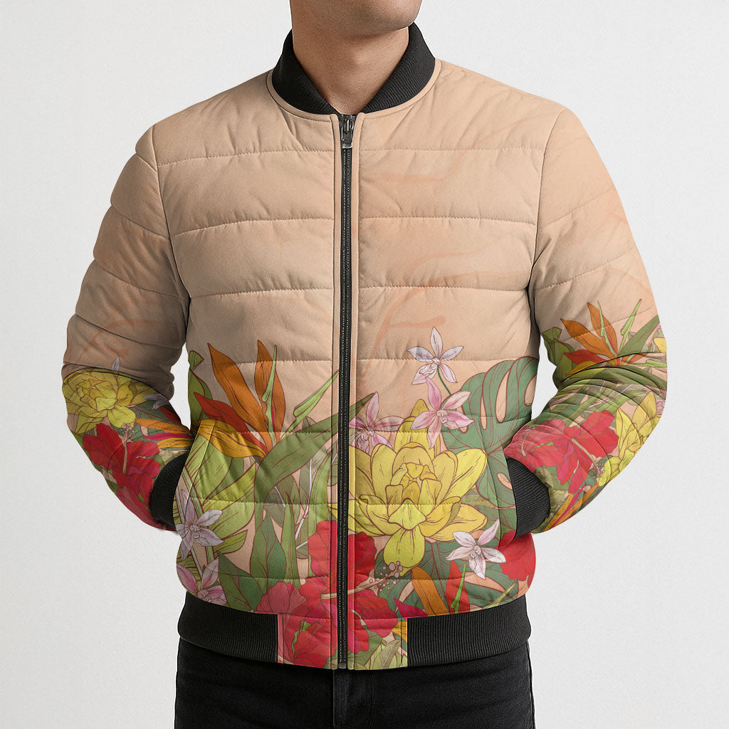Mahalo Hawaii - Ka Pule a ka Haku Bomber Puffer Jacket Tropical Flowers LT7 - Polynesian Pride