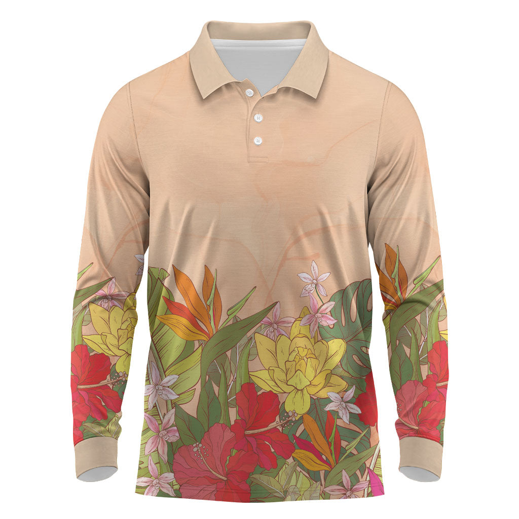 Mahalo Hawaii - Ka Pule a ka Haku Long Sleeve Polo Shirt Tropical Flowers LT7 Coral Pink - Polynesian Pride