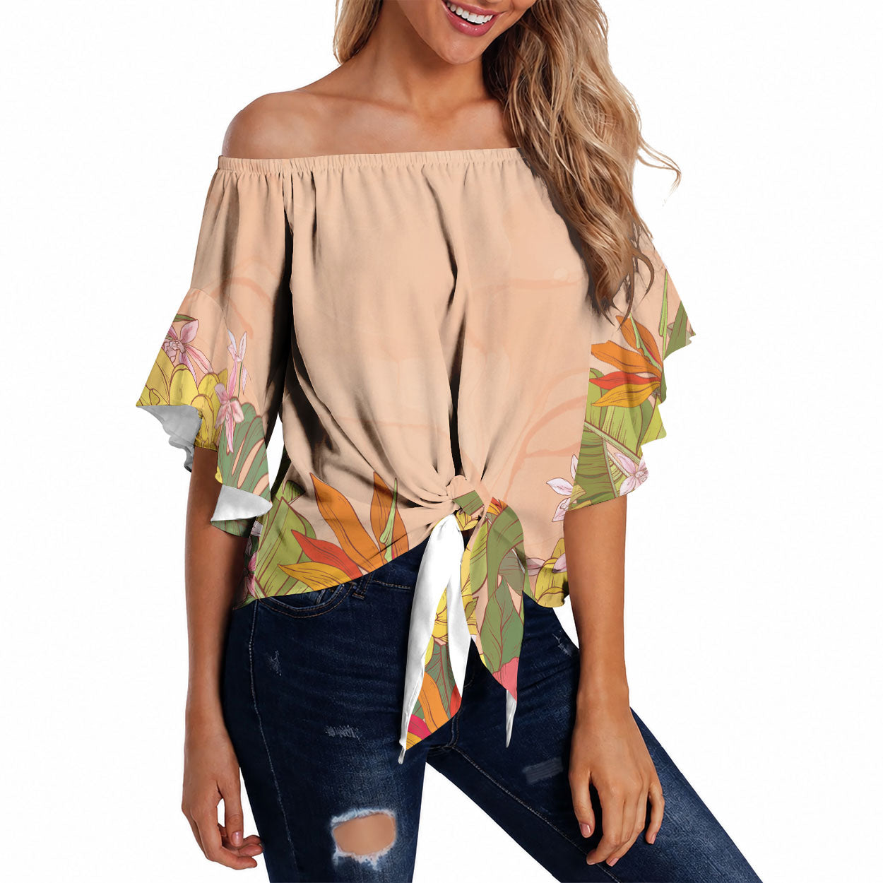 Mahalo Hawaii - Ka Pule a ka Haku Off Shoulder Wrap Waist Top Tropical Flowers LT7 Coral Pink - Polynesian Pride