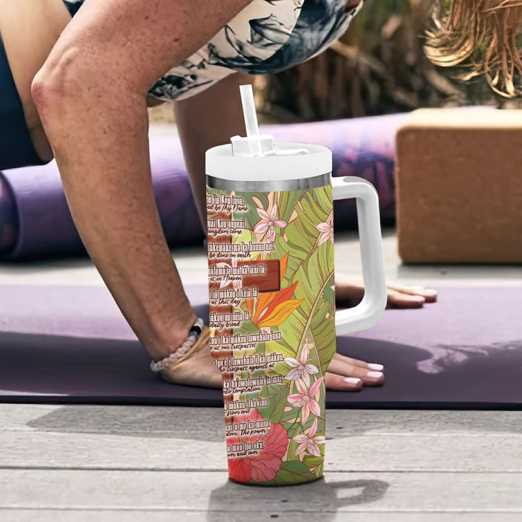 Mahalo Hawaii - Ka Pule a ka Haku Tumbler With Handle Tropical Flowers LT7 - Polynesian Pride