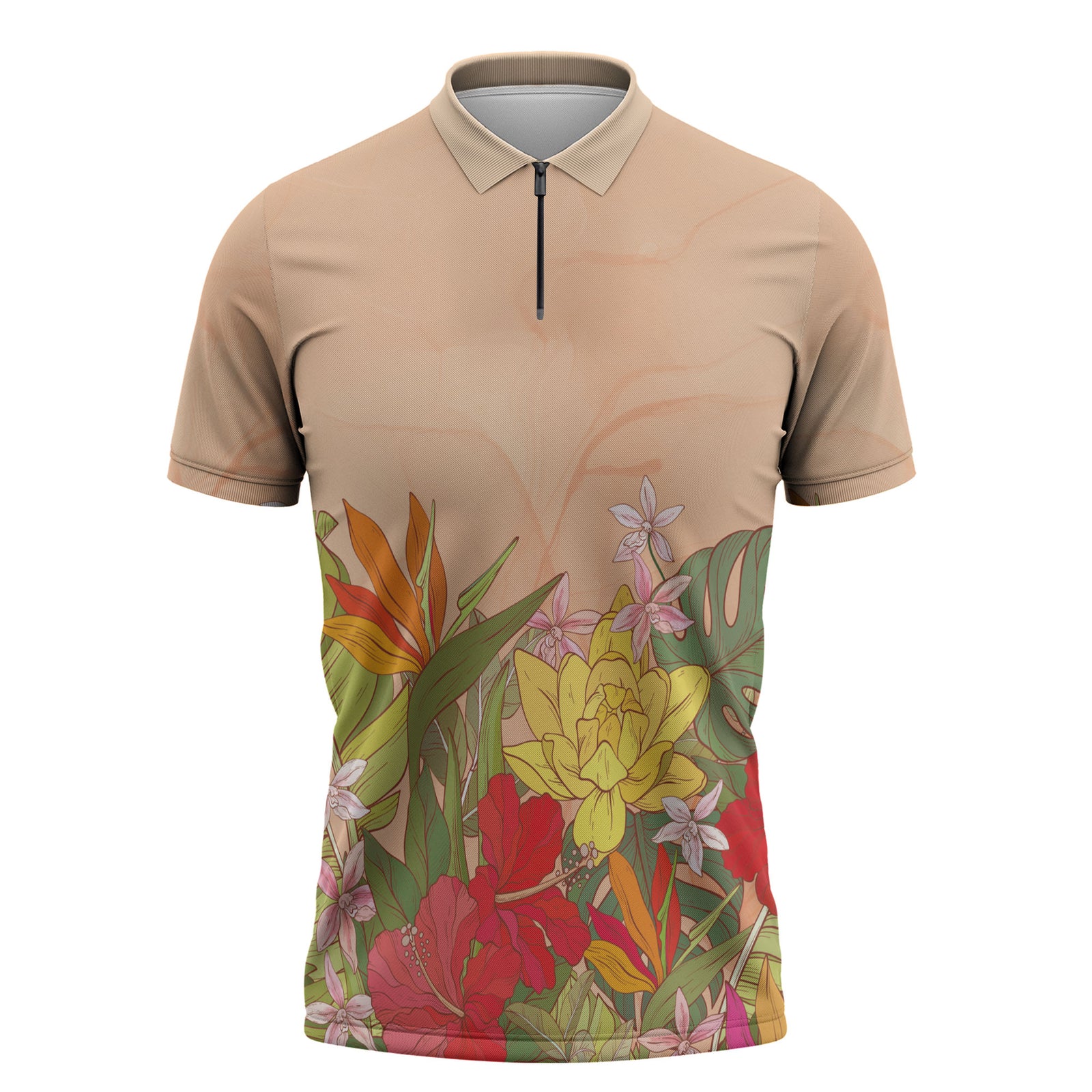 Mahalo Hawaii - Ka Pule a ka Haku Zipper Polo Shirt Tropical Flowers LT7 Coral Pink - Polynesian Pride