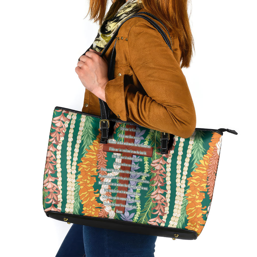 Mahalo Hawaii - Ka Pule a ka Haku Leather Tote Bag Mixed Lei LT7 Sage Green - Polynesian Pride