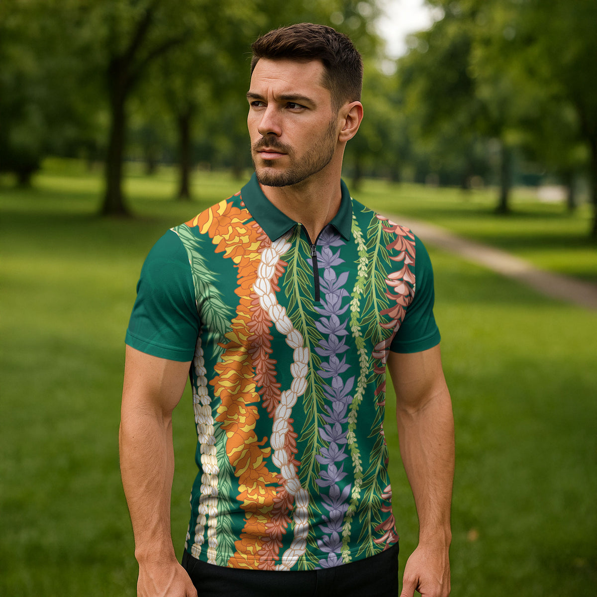 Mahalo Hawaii - Ka Pule a ka Haku Zipper Polo Shirt Mixed Lei LT7 - Polynesian Pride