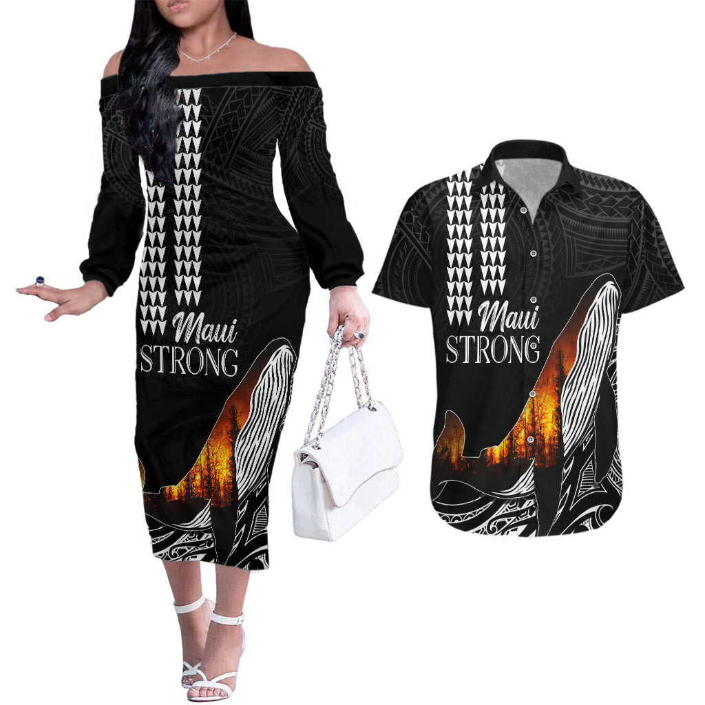 Hawaii Humpback Whale Couples Matching Off The Shoulder Long Sleeve Dress and Hawaiian Shirt Be Strong - Pray For Maui LT7 Black - Polynesian Pride