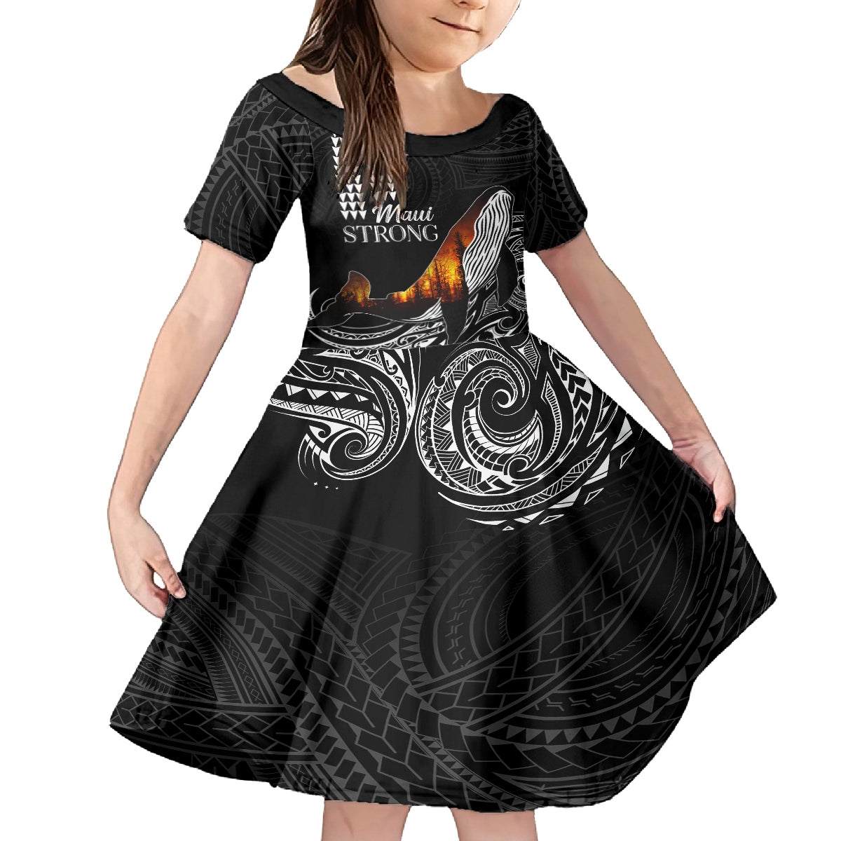 Hawaii Humpback Whale Family Matching Off Shoulder Maxi Dress and Hawaiian Shirt Be Strong - Pray For Maui LT7 Daughter's Dress Black - Polynesian Pride